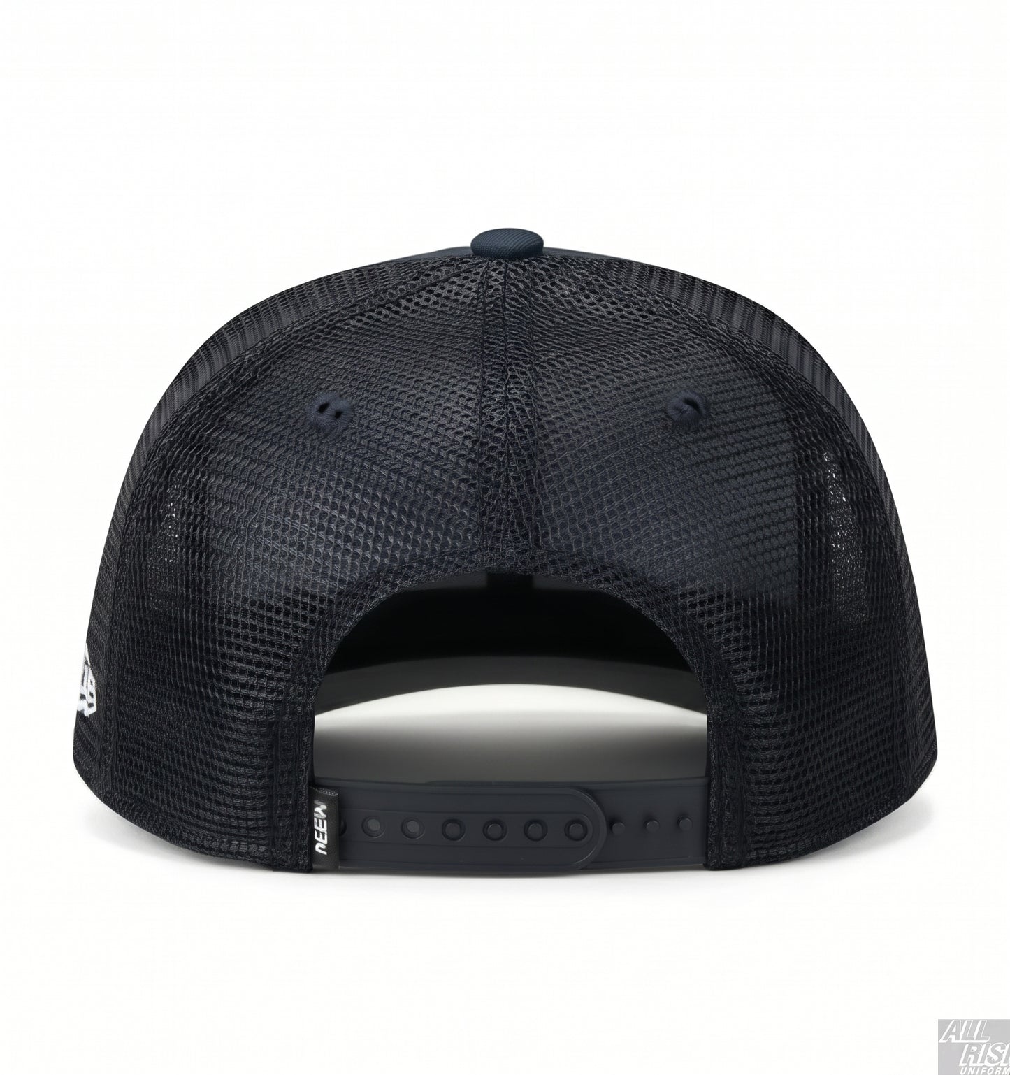 Back view of the navy and black New Era 403 trucker, showing the black mesh rear panels and the adjustable plastic snapback strap.
