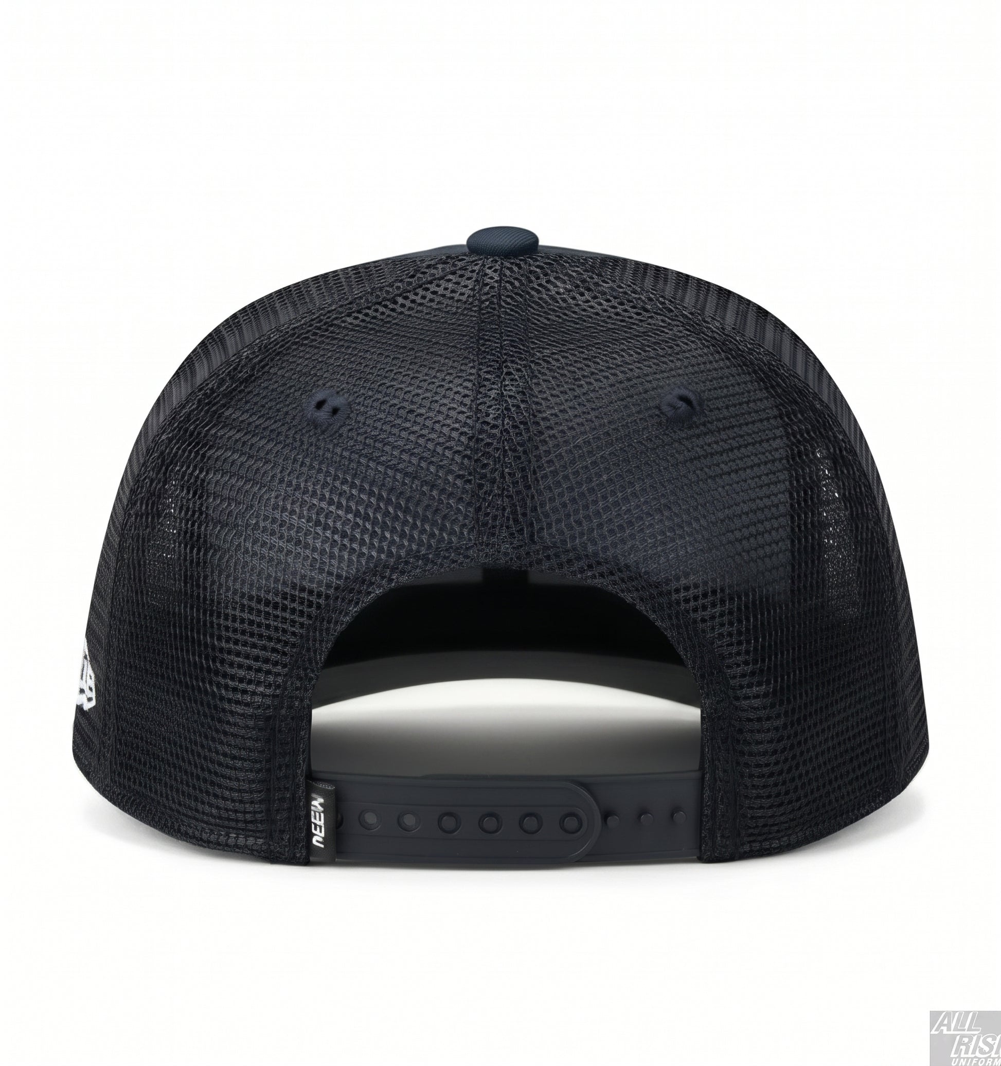 Back view of the navy and black New Era 403 trucker, showing the black mesh rear panels and the adjustable plastic snapback strap.