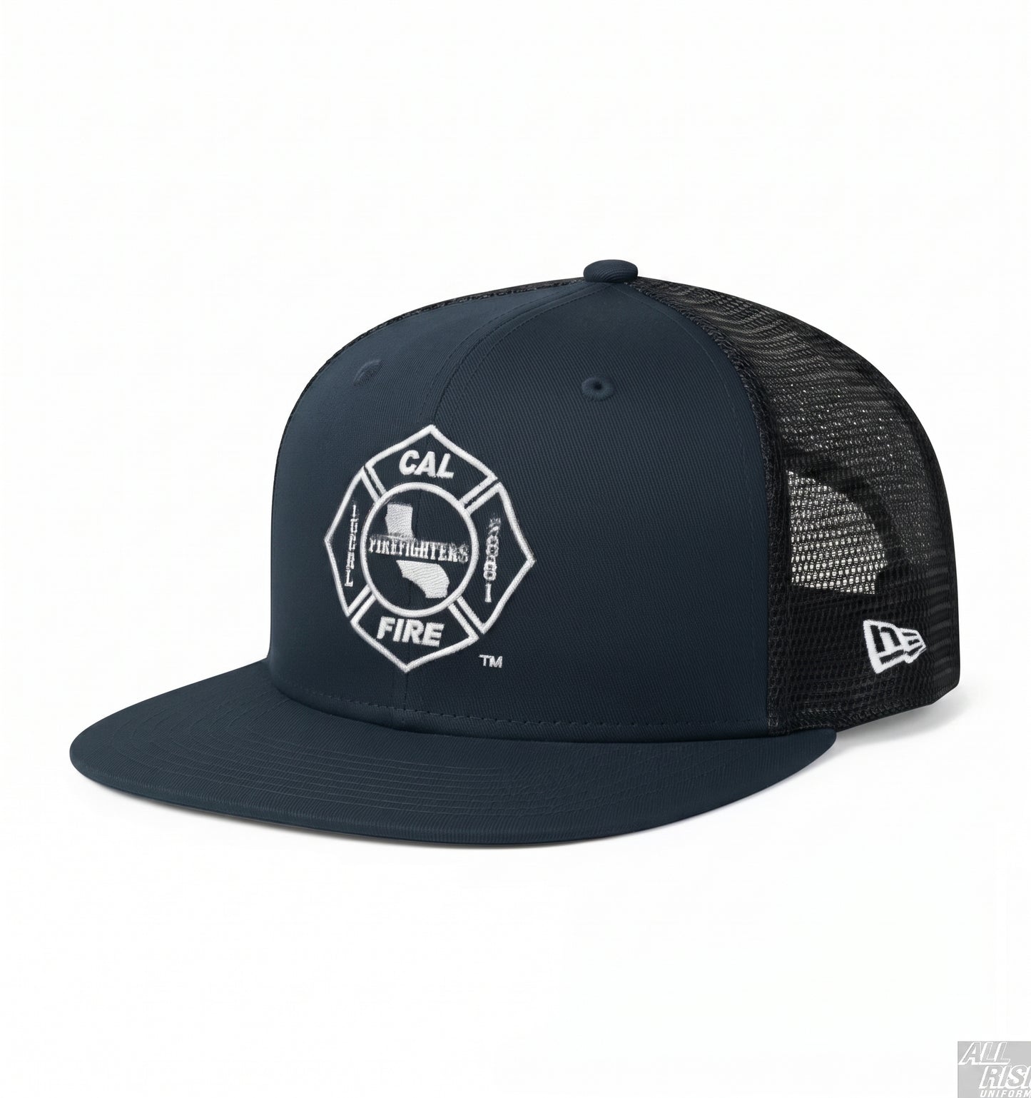 New Era 403 Snapback Hat in midnight navy with CAL FIRE union logo - side angle view displaying flat bill and structured 6-panel design