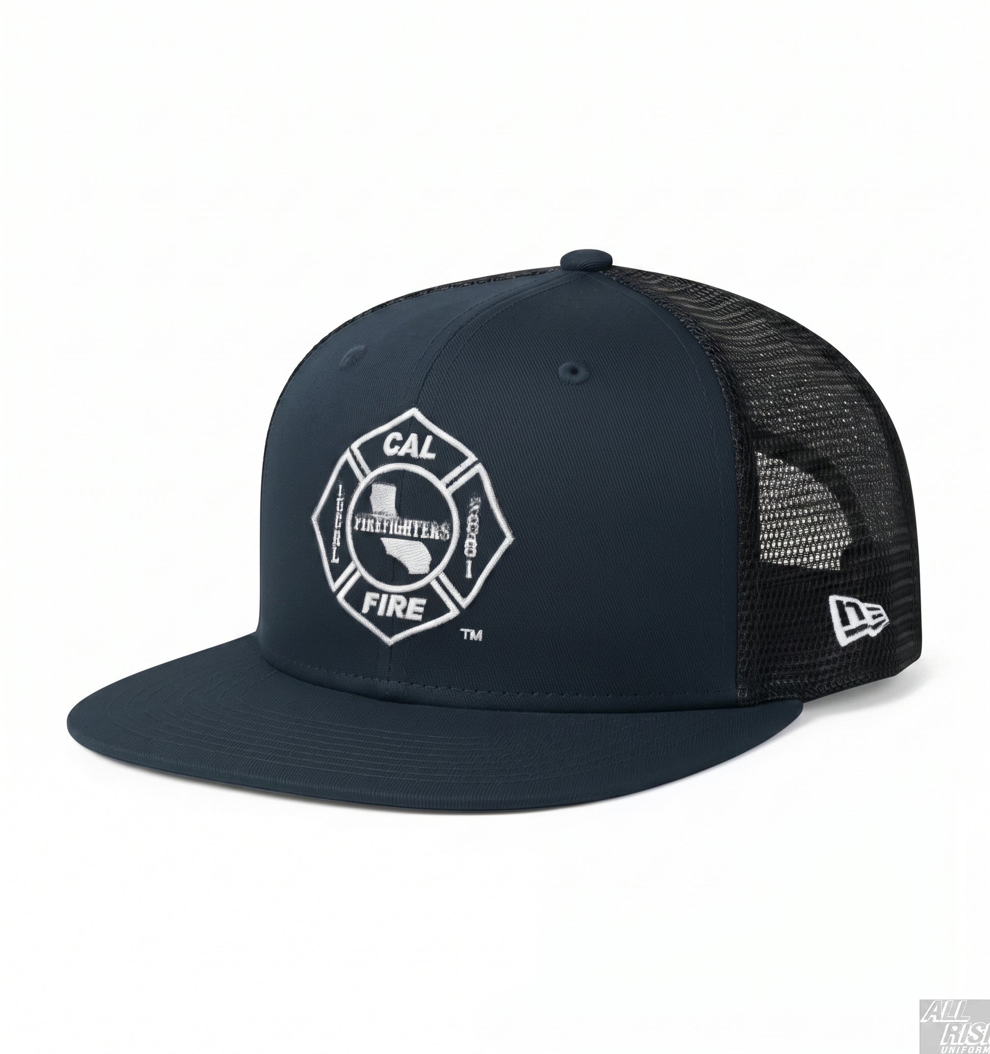 New Era 403 Snapback Hat in midnight navy with CAL FIRE union logo - side angle view displaying flat bill and structured 6-panel design