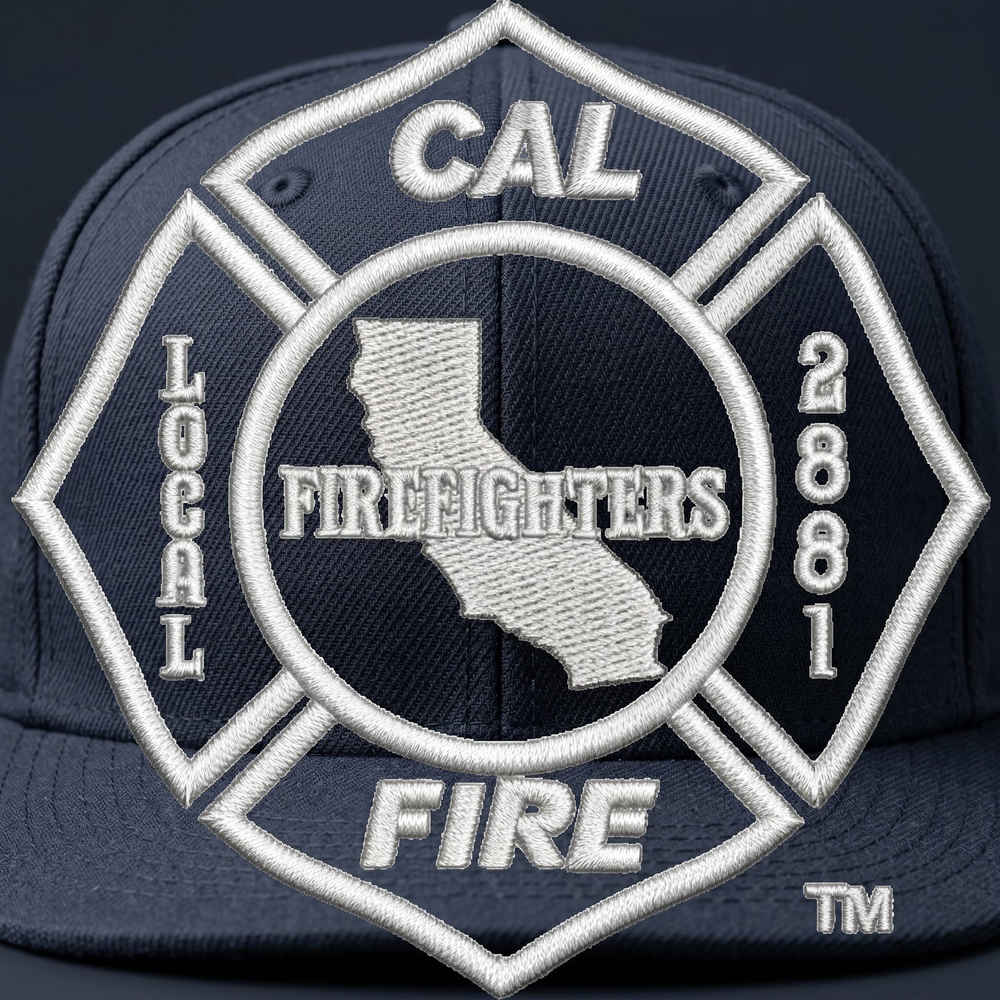 Close-up detail of New Era 403 Snapback Hat in midnight navy showing CAL FIRE union logo embroidery and premium New Era fabric texture