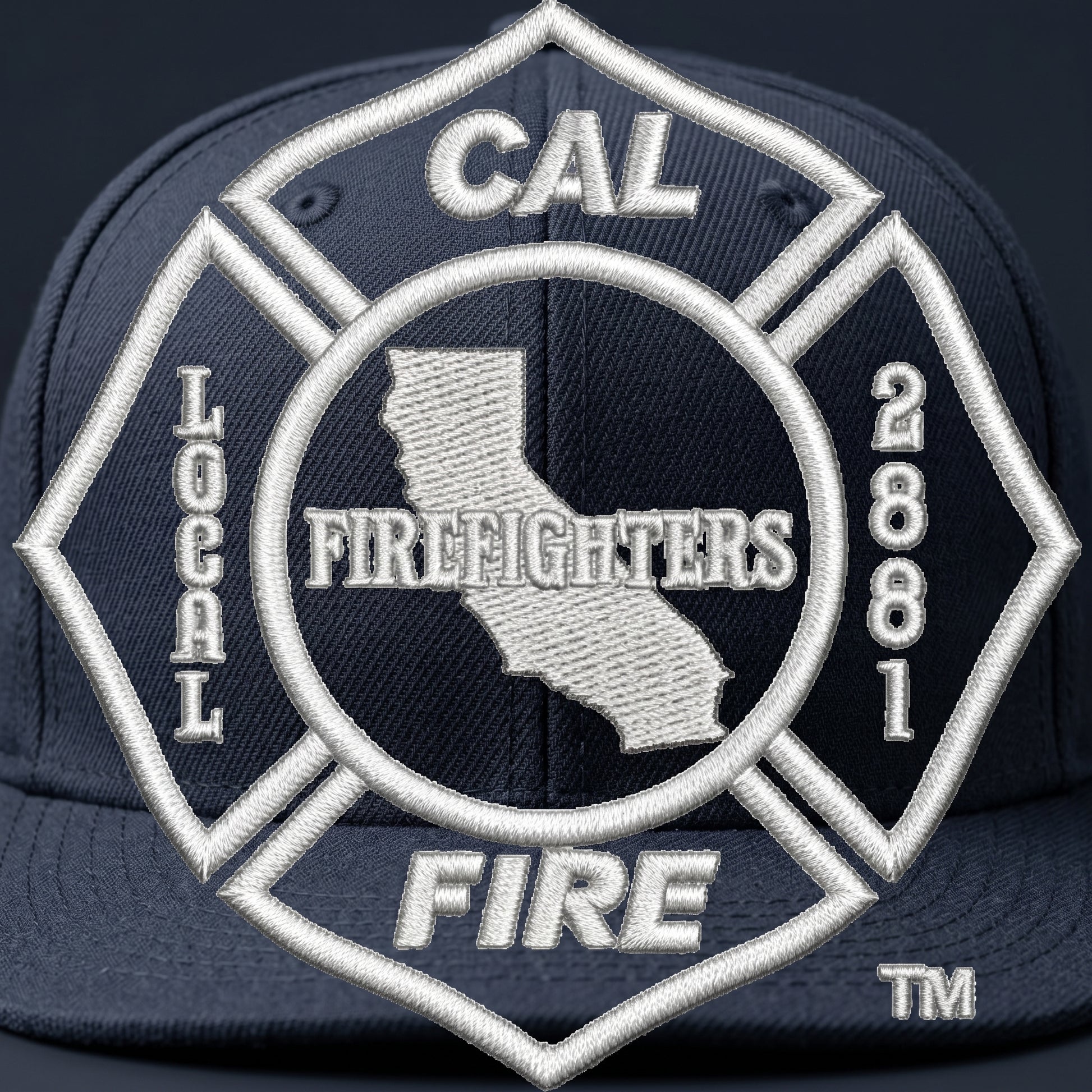 Close-up detail of New Era 403 Snapback Hat in midnight navy showing CAL FIRE union logo embroidery and premium New Era fabric texture