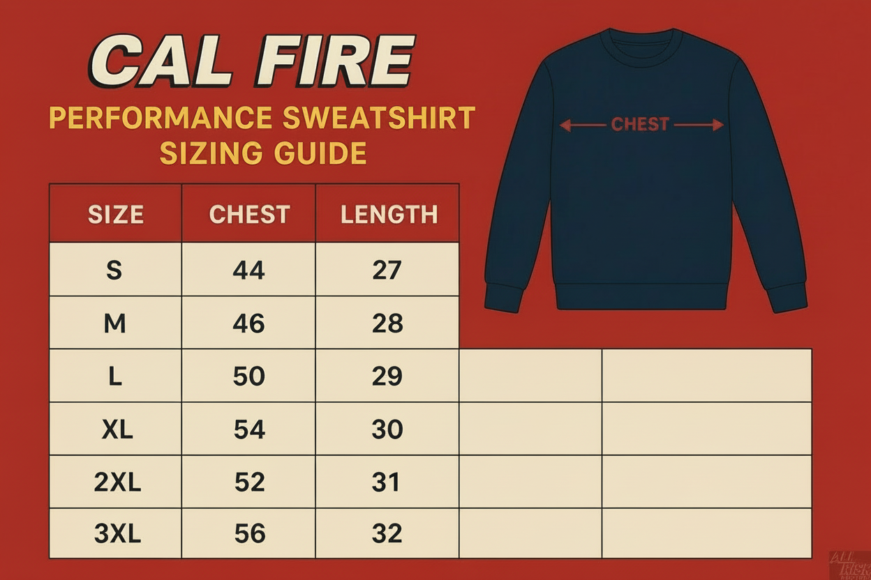 Cal Fire performance sweatshirt sizing guide with measurements for chest, length, and sleeves