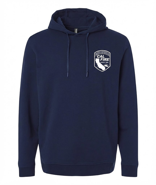 Navy Independent pullover hoodie, front view, with a white CAL FIRE arrowhead shield crest printed on the left chest, drawstring hood and kangaroo pocket.