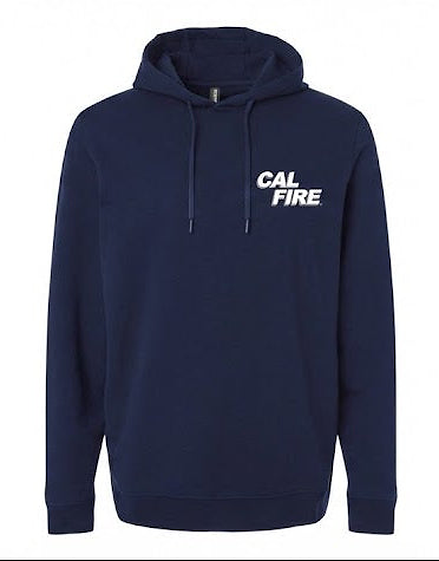 Navy hoodie, front view, with the white CAL FIRE italic wordmark stacked on two lines printed on the left chest.