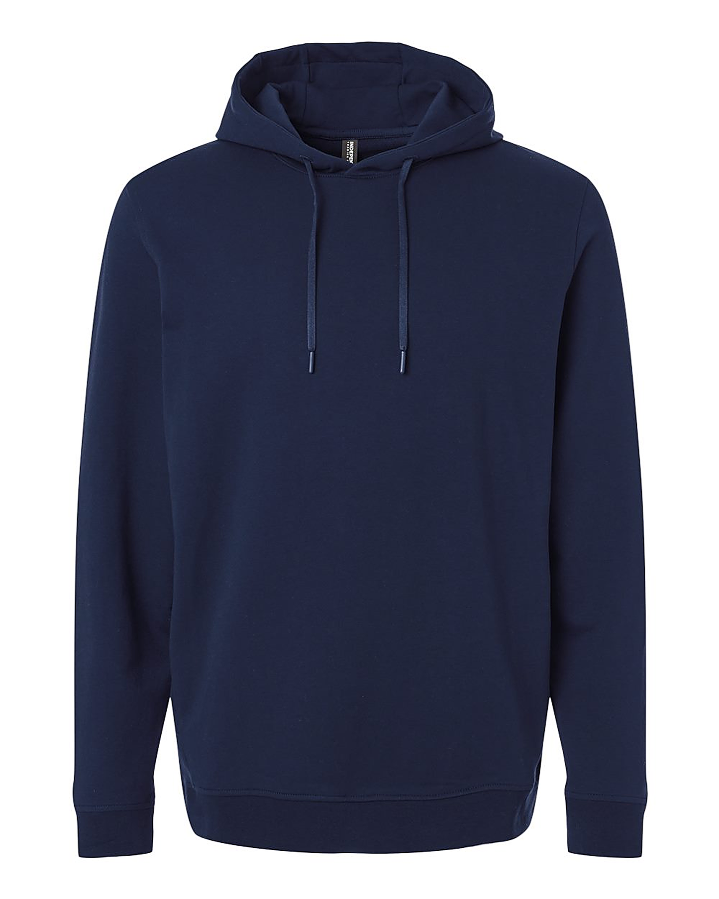 Plain navy Independent pullover hoodie, front view with no logo, showing the drawstring hood and kangaroo pocket.