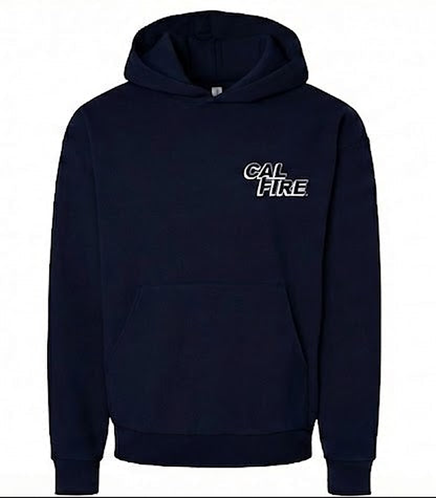 Navy hoodie, front view, with a white shadowed CAL FIRE italic wordmark on the left chest above the kangaroo pocket.