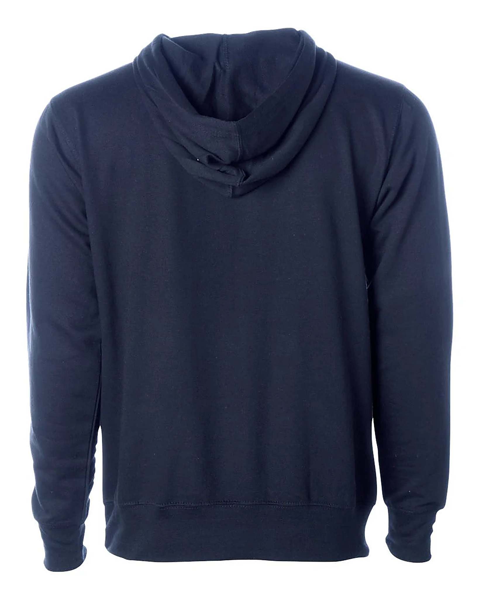 Navy Independent pullover hoodie, back view, plain blank back showing the hood, ribbed cuffs and hem.