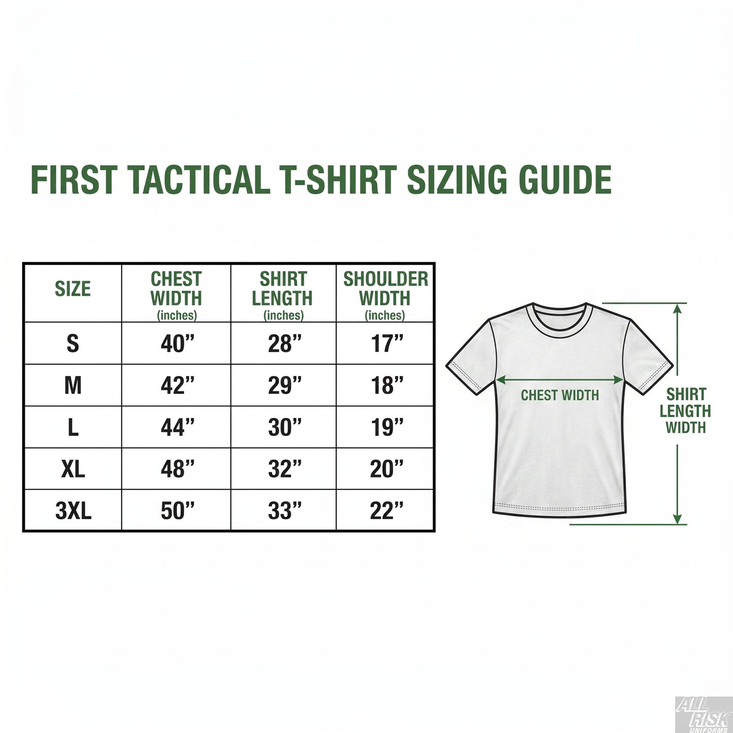 First Tactical t-shirt sizing guide — chest width, shirt length and shoulder width in inches for sizes S, M, L, XL and 3XL, beside a t-shirt measurement diagram.