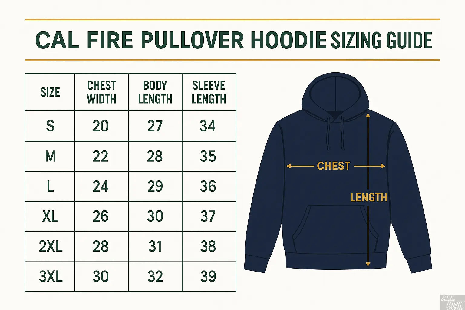 Cal Fire pullover hoodie sizing guide with measurements for chest, length, and sleeves