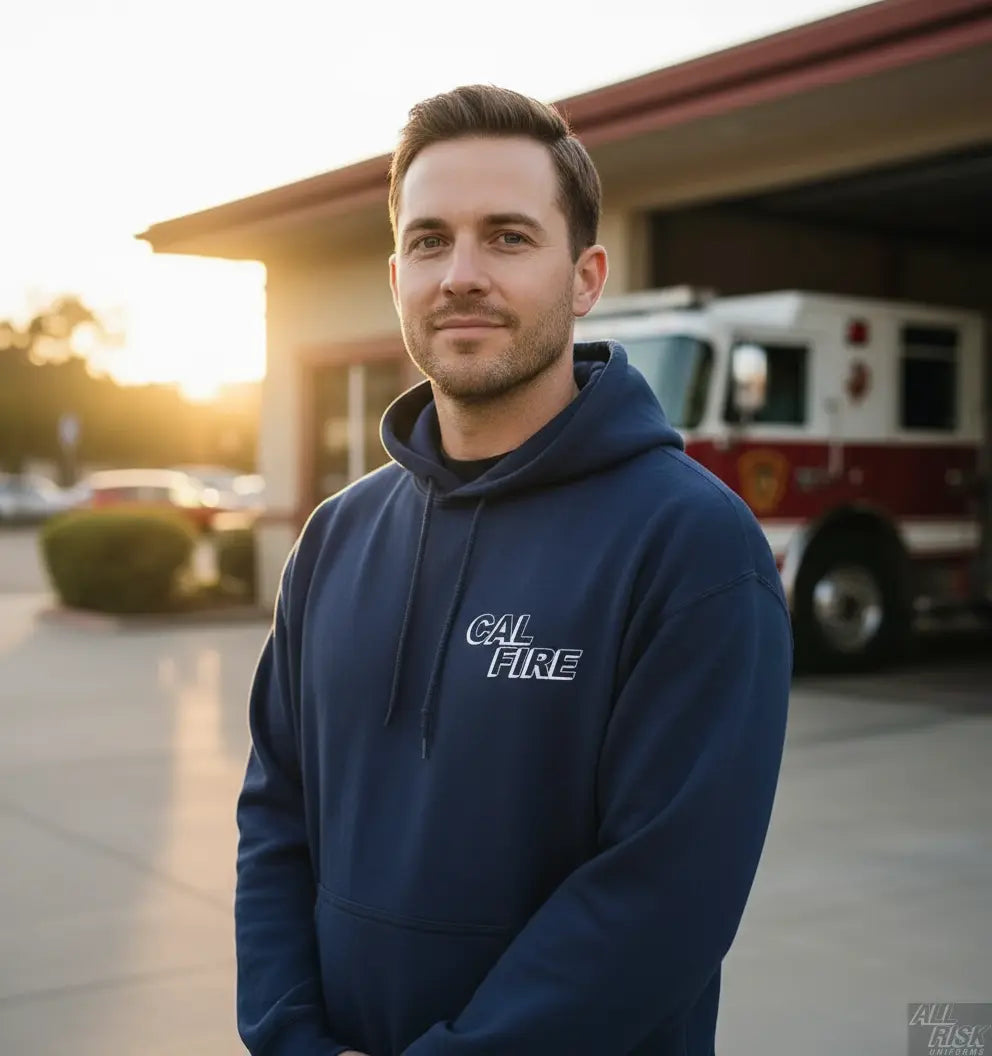 Cal Fire firefighter wearing pullover hoodie in casual on-duty setting