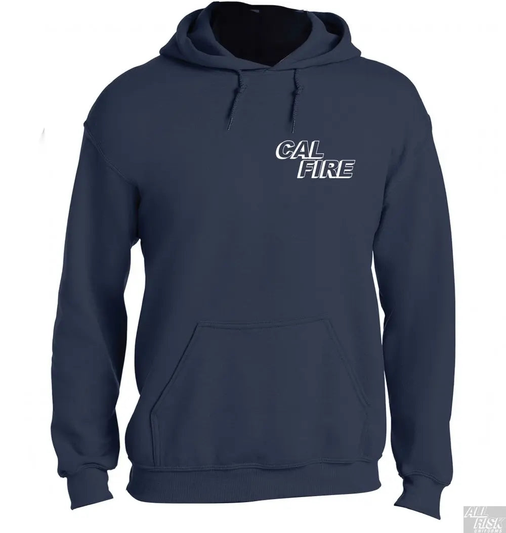 Navy hoodie with 'CAL FIRE' text on a white background