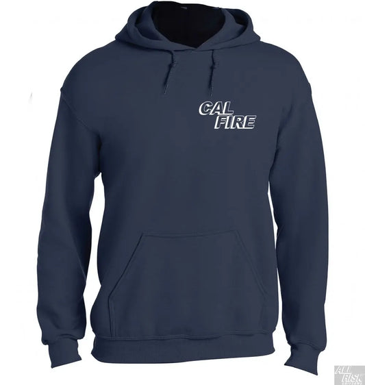 Navy hoodie with 'CAL FIRE' text on a white background