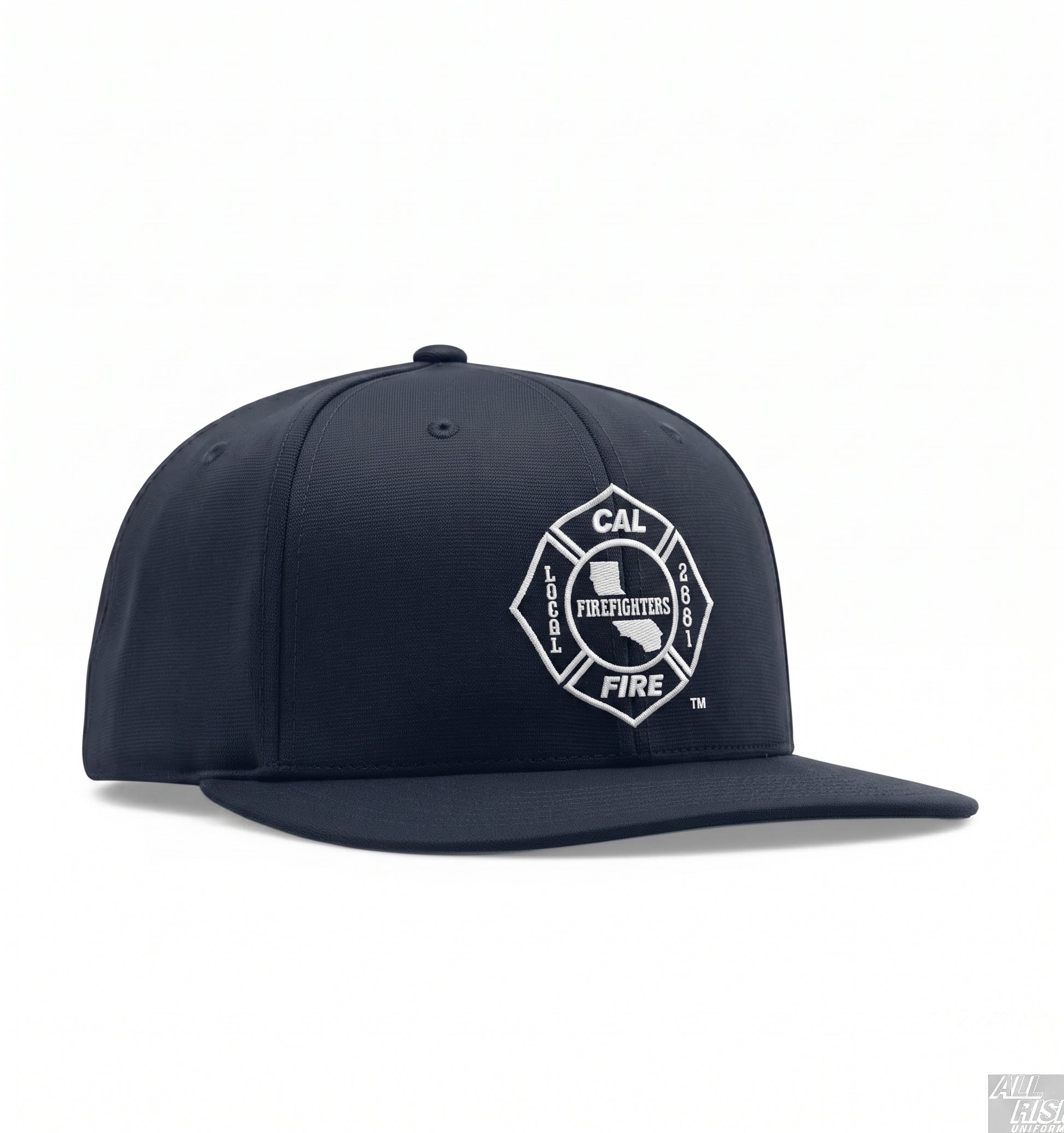 Three-quarter angled view of the navy Richardson PTS 20 snapback showing the white Local 2881 Firefighters union shield on the front panel and flat brim.
