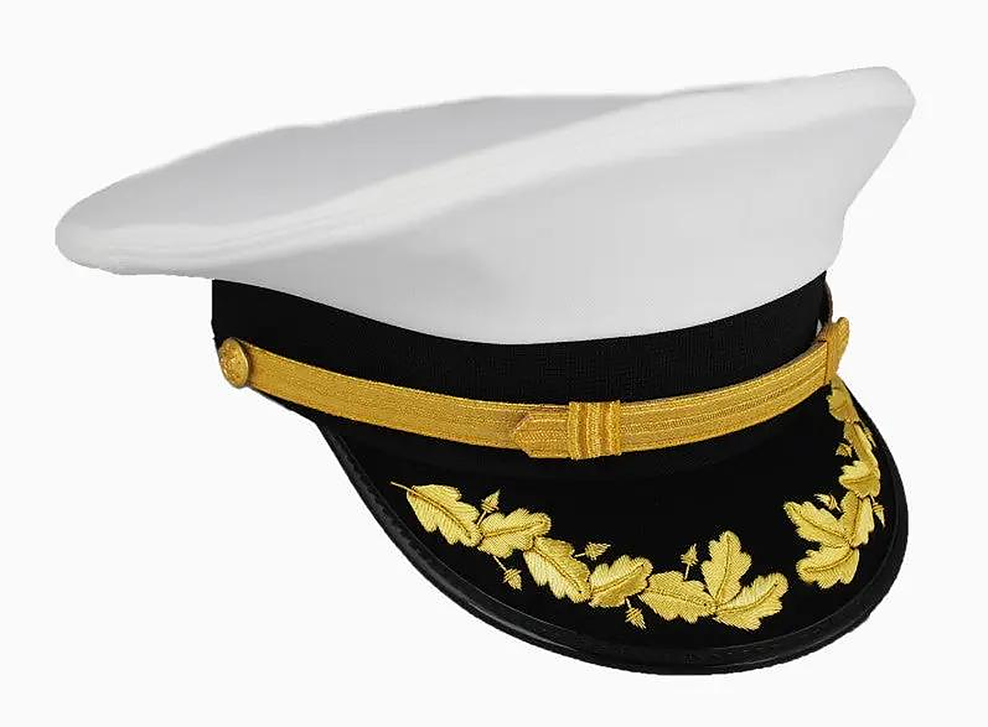 CAL FIRE Unit Chief Class A dress cap, three-quarter view, with a white crown, black band, gold chin strap and gold oak-leaf embroidery on the black visor.