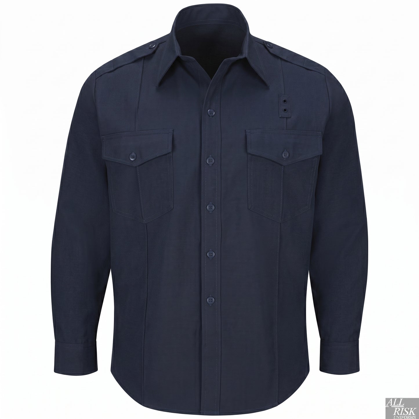 Midnight navy WorkRite long-sleeve Nomex shirt, clean front product view showing the collar, epaulettes, and chest pockets.