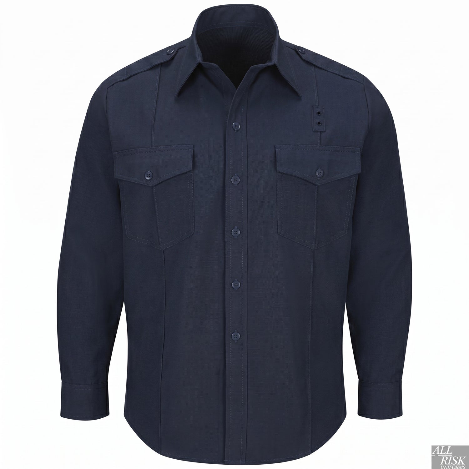 Midnight navy WorkRite long-sleeve Nomex shirt, clean front product view showing the collar, epaulettes, and chest pockets.