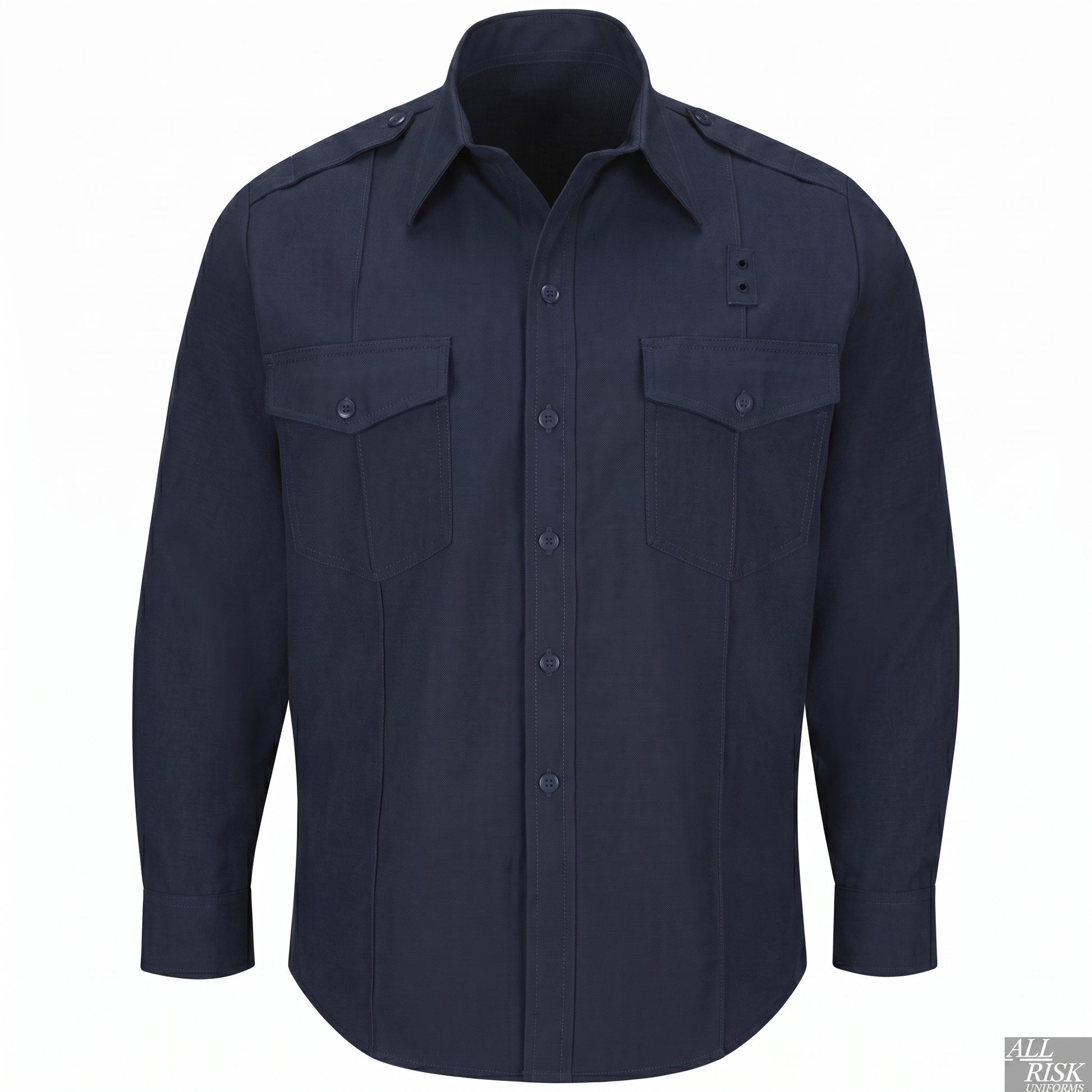 Midnight navy WorkRite long-sleeve Nomex shirt, clean front product view showing the collar, epaulettes, and chest pockets.