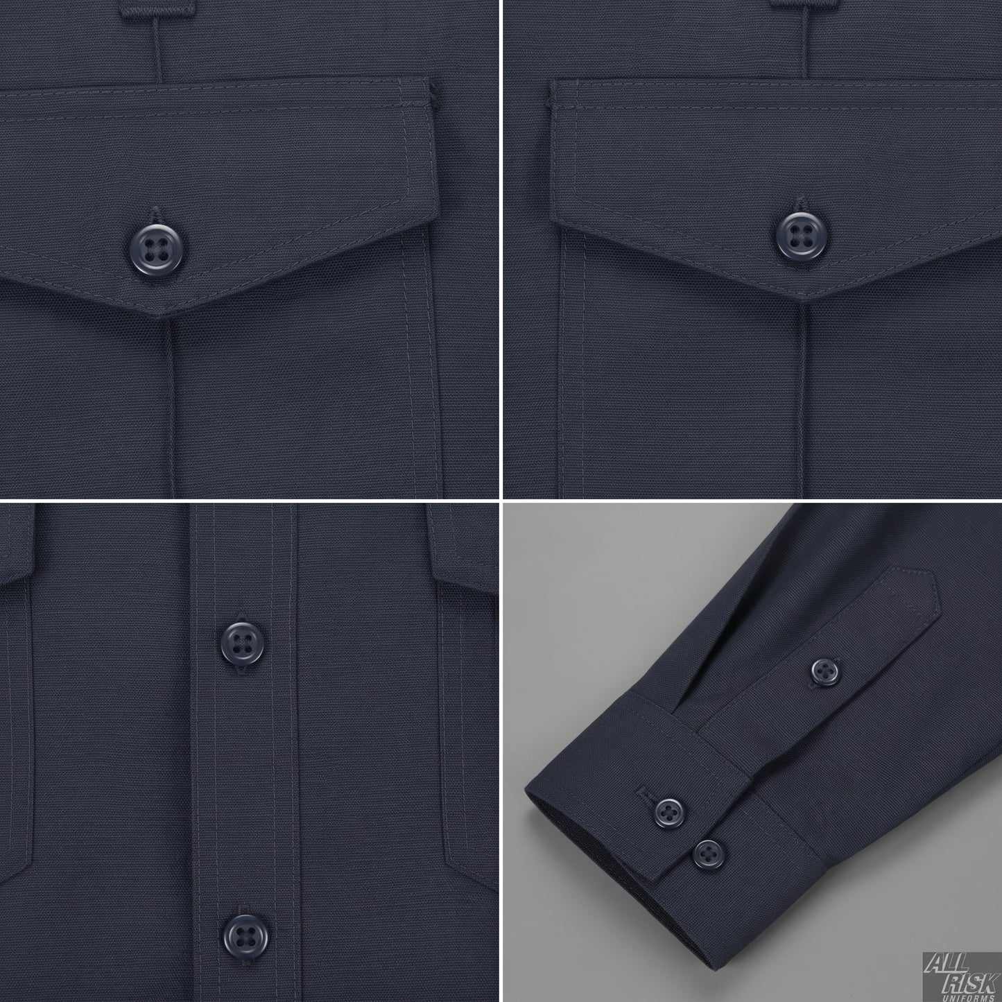 Close-up detail shots of the midnight navy Nomex shirt fabric and pocket stitching.