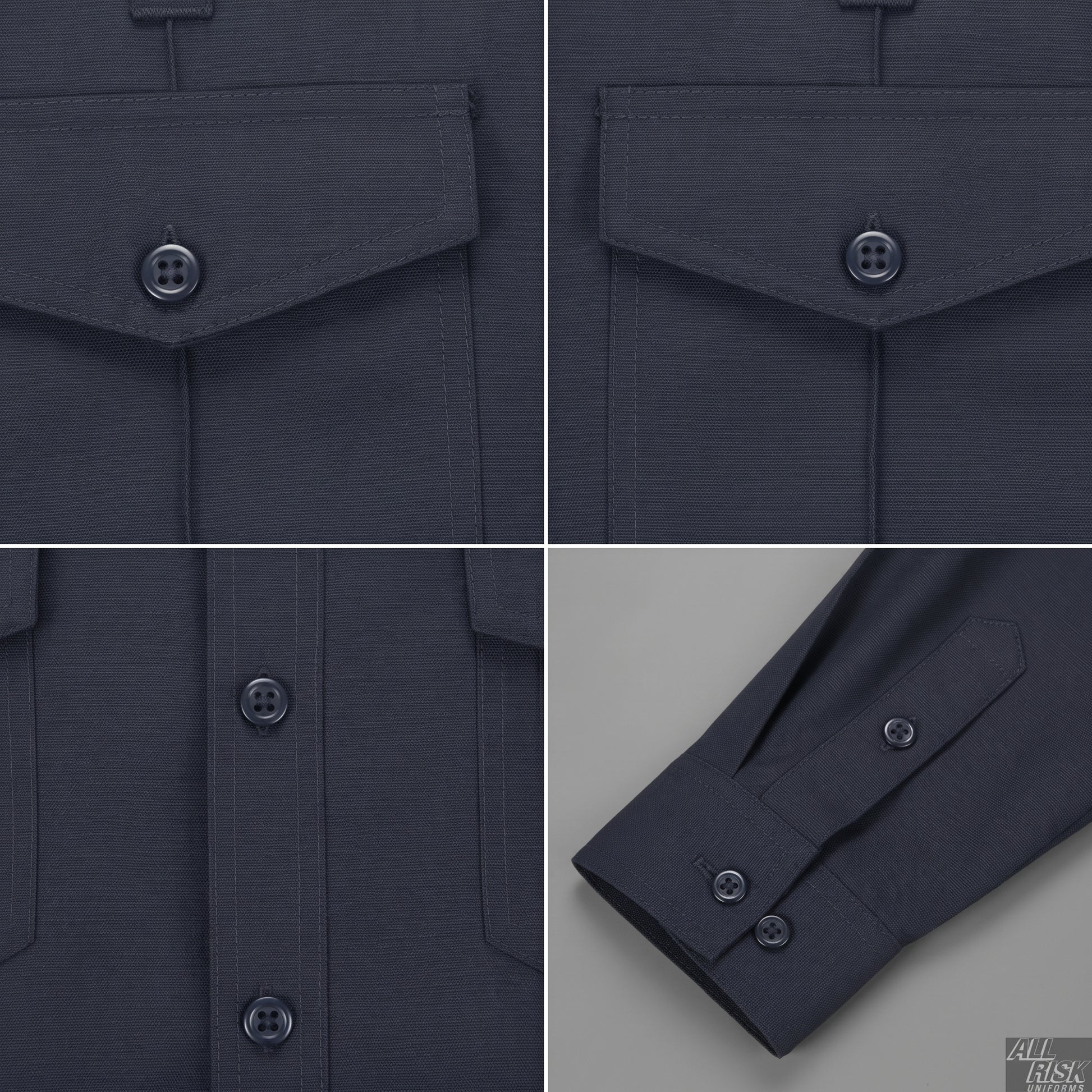 Close-up detail shots of the midnight navy Nomex shirt fabric and pocket stitching.