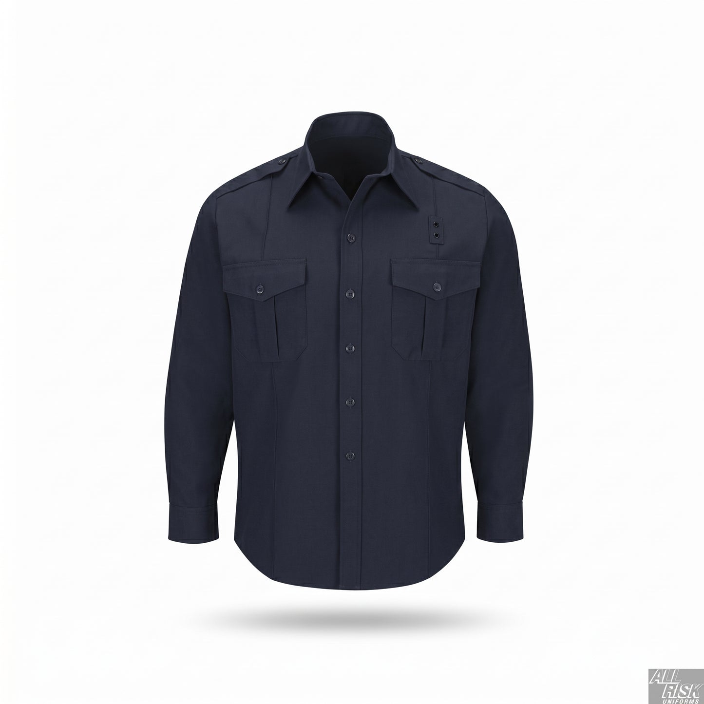 Midnight navy WorkRite long-sleeve Nomex shirt, front product view.