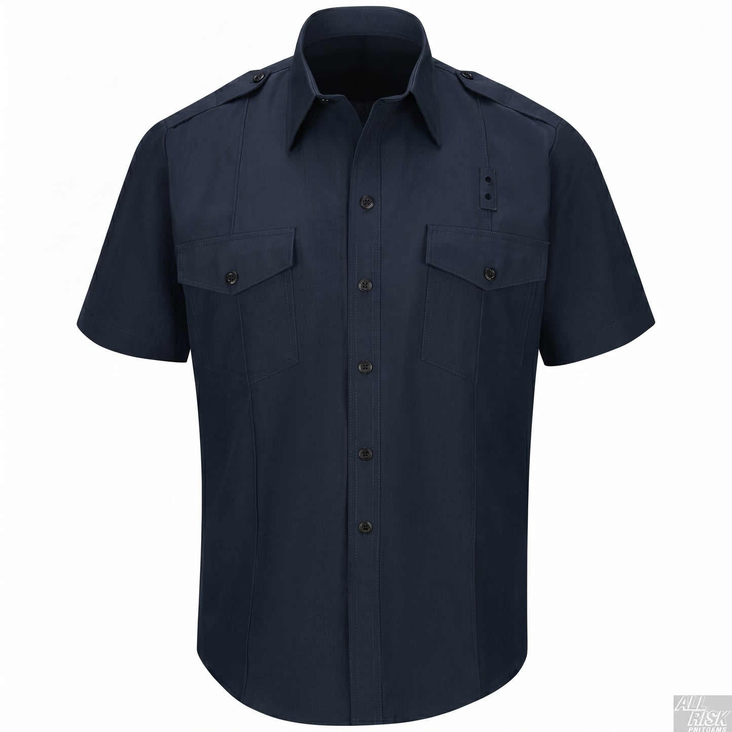 Short-sleeve midnight navy firefighter shirt with CAL FIRE patches, sewn-in military creases, banded collar, pencil slot, badge tab, and hidden front snap closure.