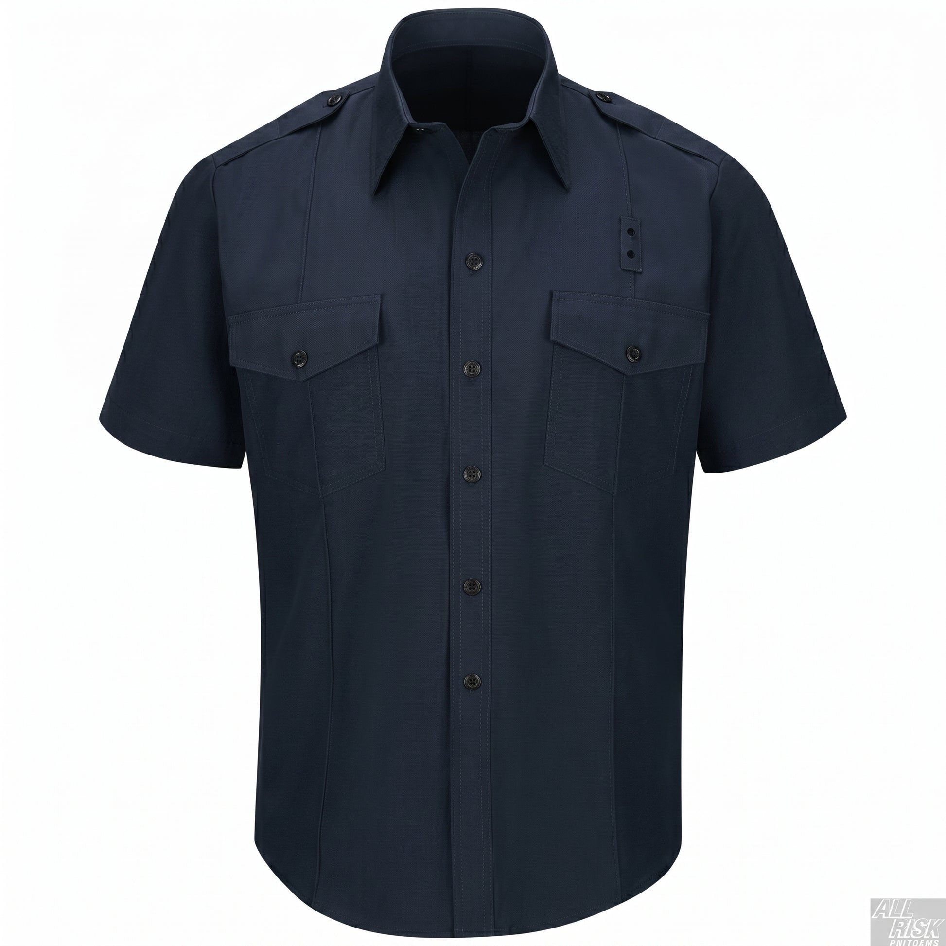 Short-sleeve midnight navy firefighter shirt with CAL FIRE patches, sewn-in military creases, banded collar, pencil slot, badge tab, and hidden front snap closure.