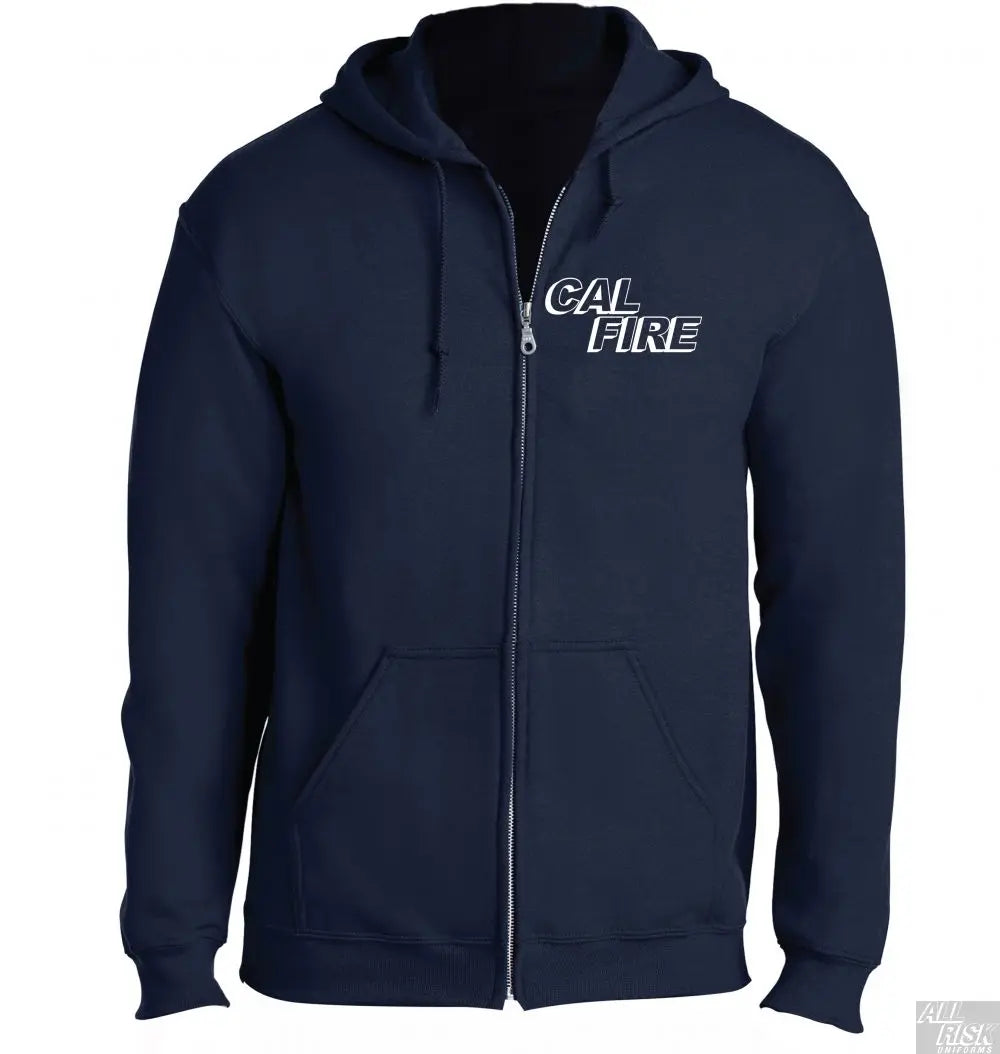 Navy blue hoodie with 'CAL FIRE' logo on a white background