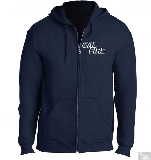 Navy blue hoodie with 'CAL FIRE' logo on a white background
