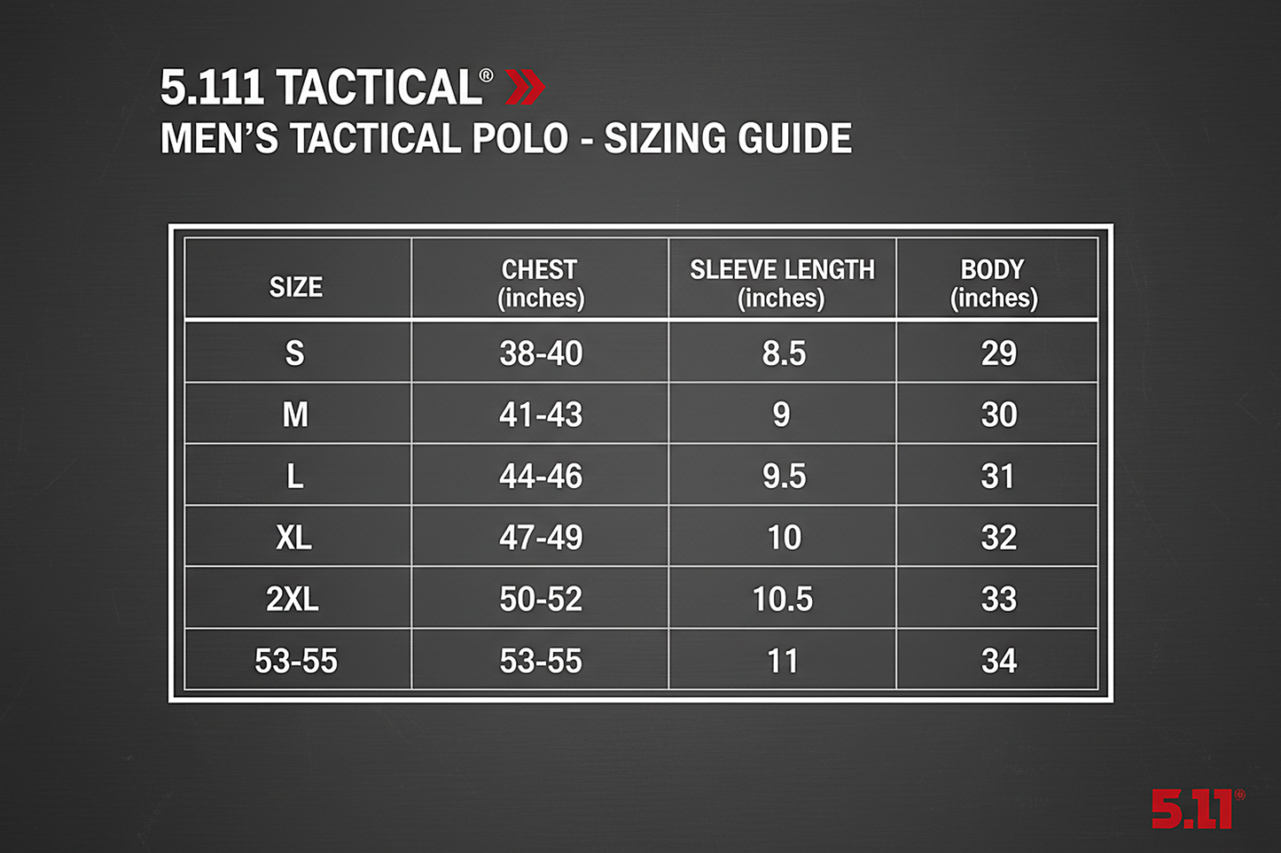 5.11 Helios Polo Sizing Guide - Men's Size Chart with Measurements