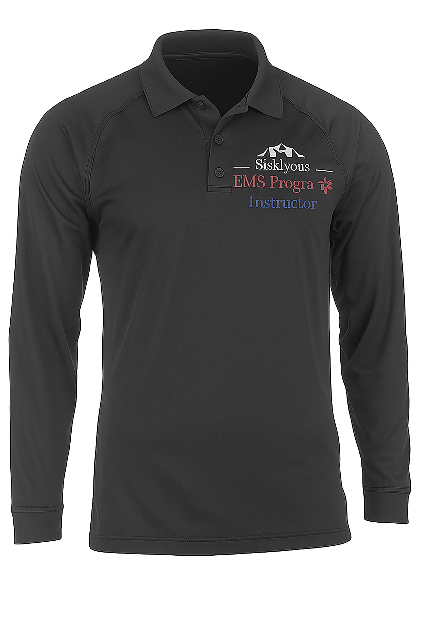 Black long-sleeve polo shirt with a logo and text on a white background