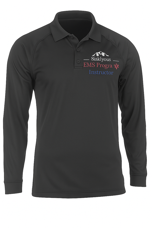 Black long-sleeve polo shirt with a logo and text on a white background