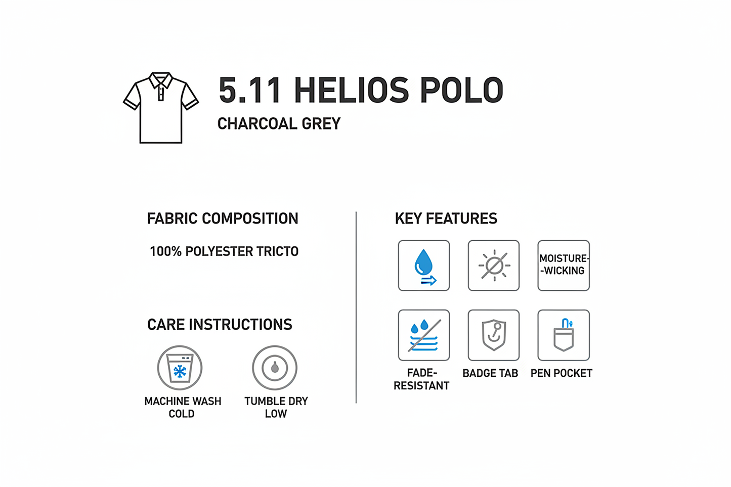 5.11 Helios Polo Product Info Sheet - Care Instructions, Fabric Composition, Key Features Guide