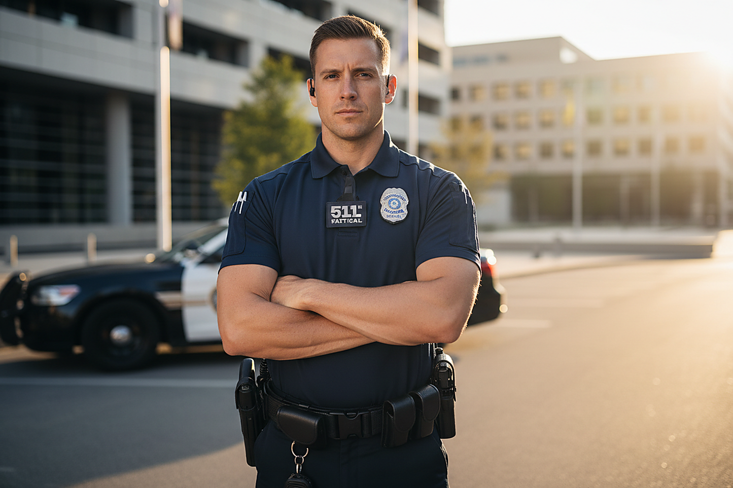 Law enforcement officer wearing midnight navy 5.11 Tactical utility polo