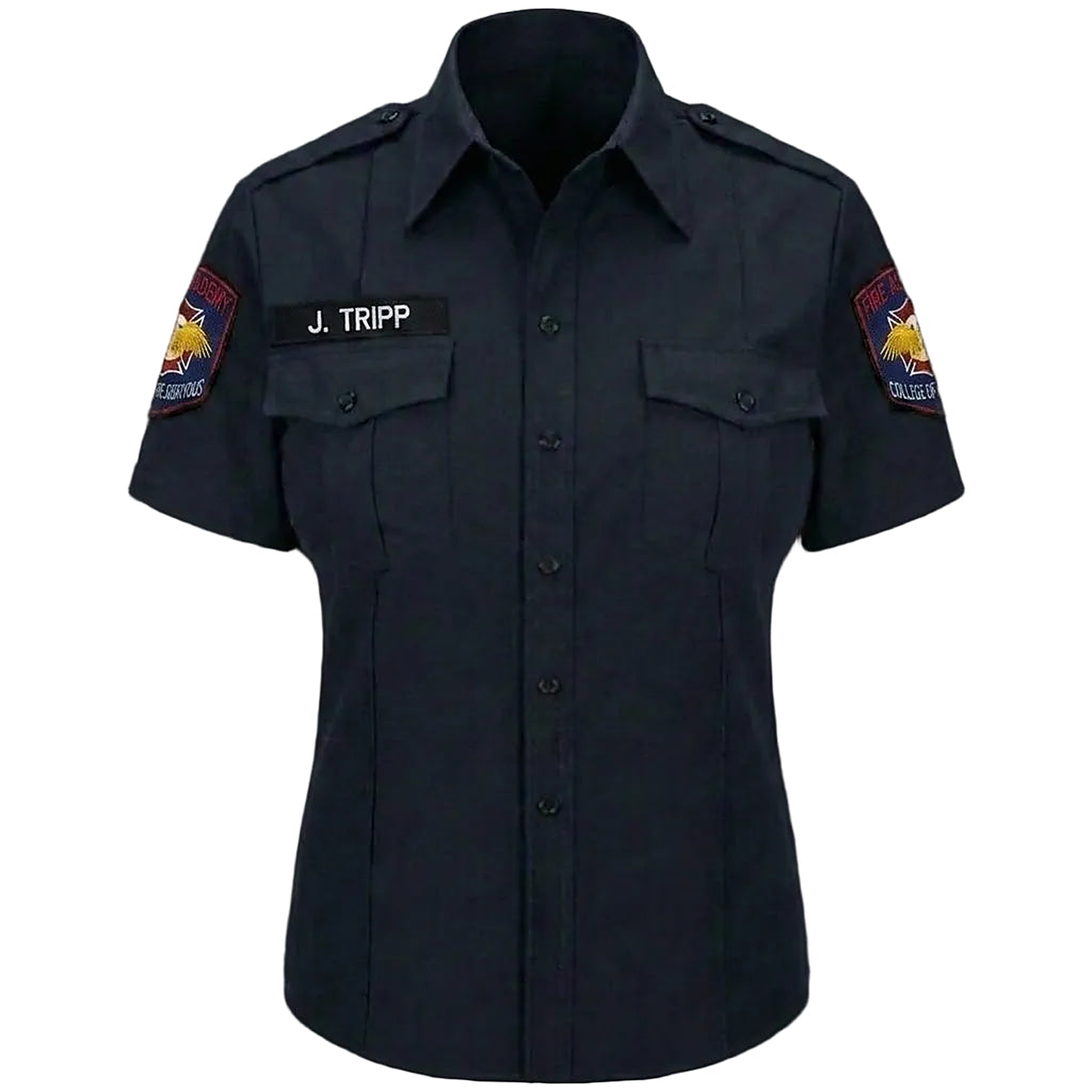 Dark blue shirt with patches and a name tag on a black background