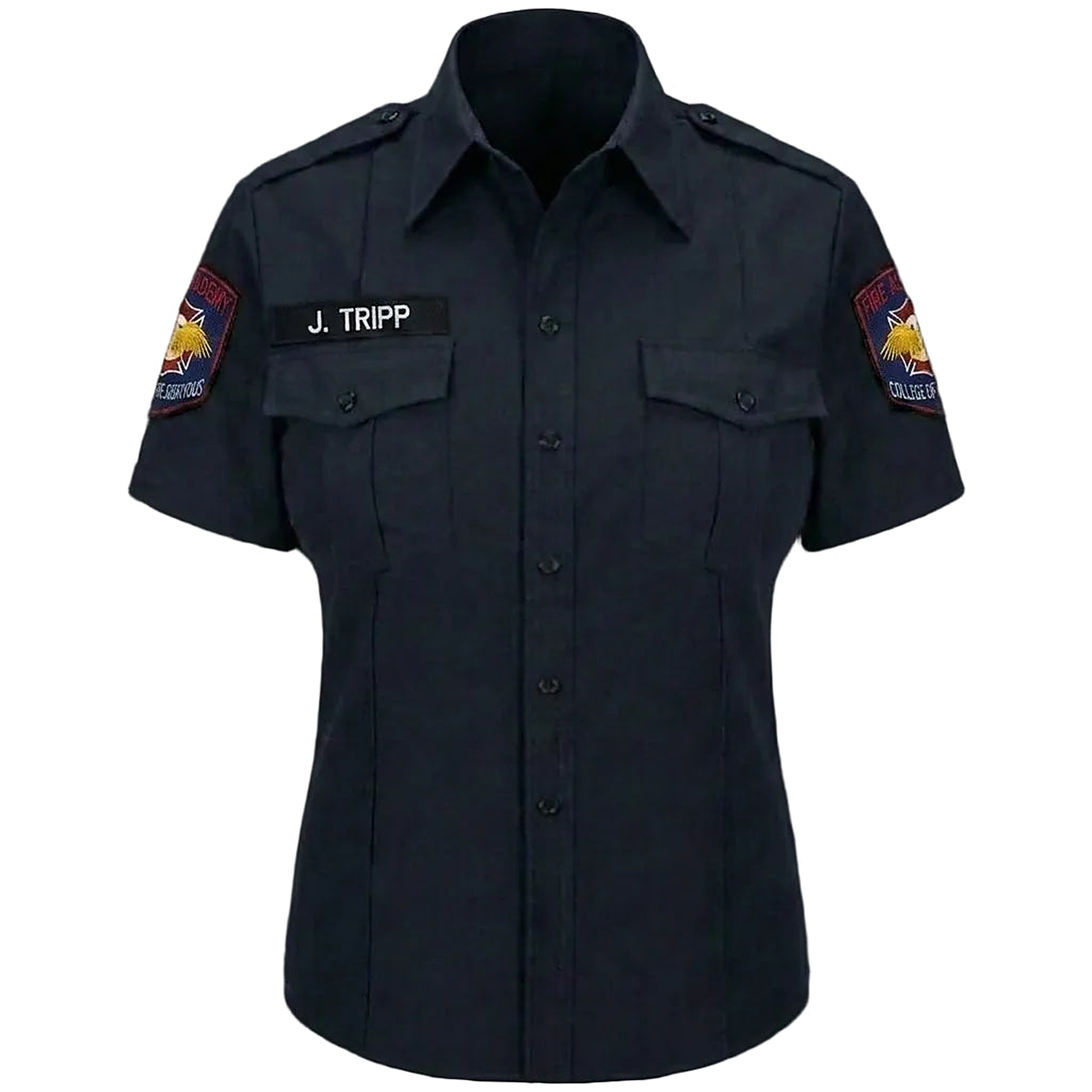 Dark blue shirt with patches and a name tag on a black background