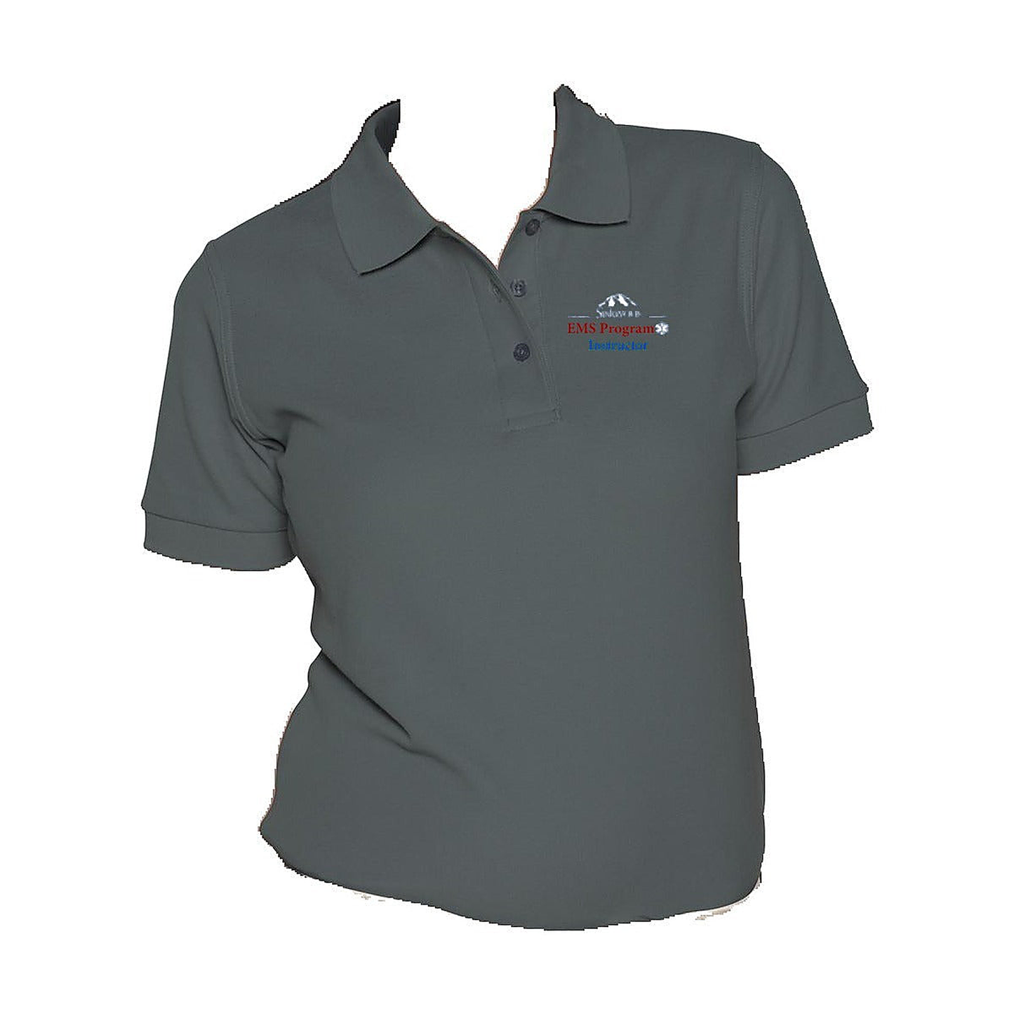COS Womens Performance Polo - charcoal gray with Siskiyous EMS Program Instructor embroidered logo (white Siskiyous + mountain, red EMS Program, blue Instructor) - front view