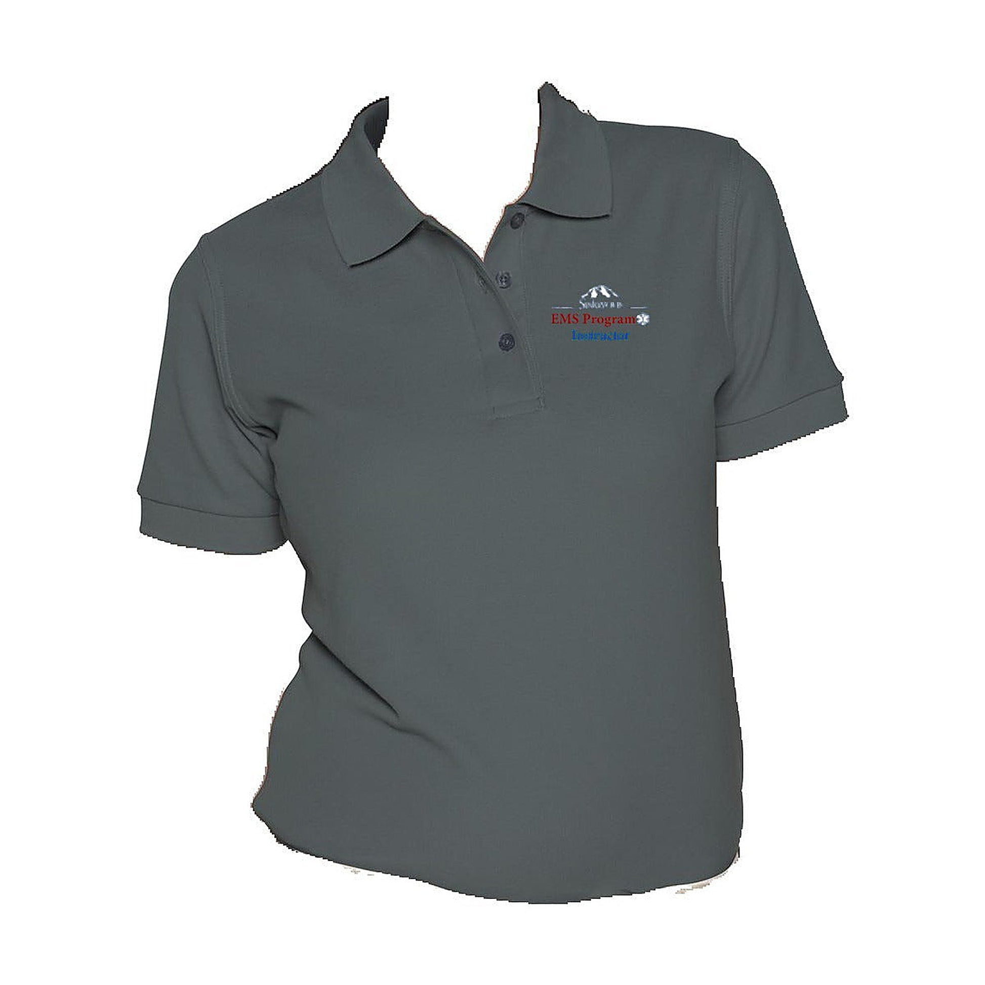 COS Womens Performance Polo - charcoal gray with Siskiyous EMS Program Instructor embroidered logo (white Siskiyous + mountain, red EMS Program, blue Instructor) - front view