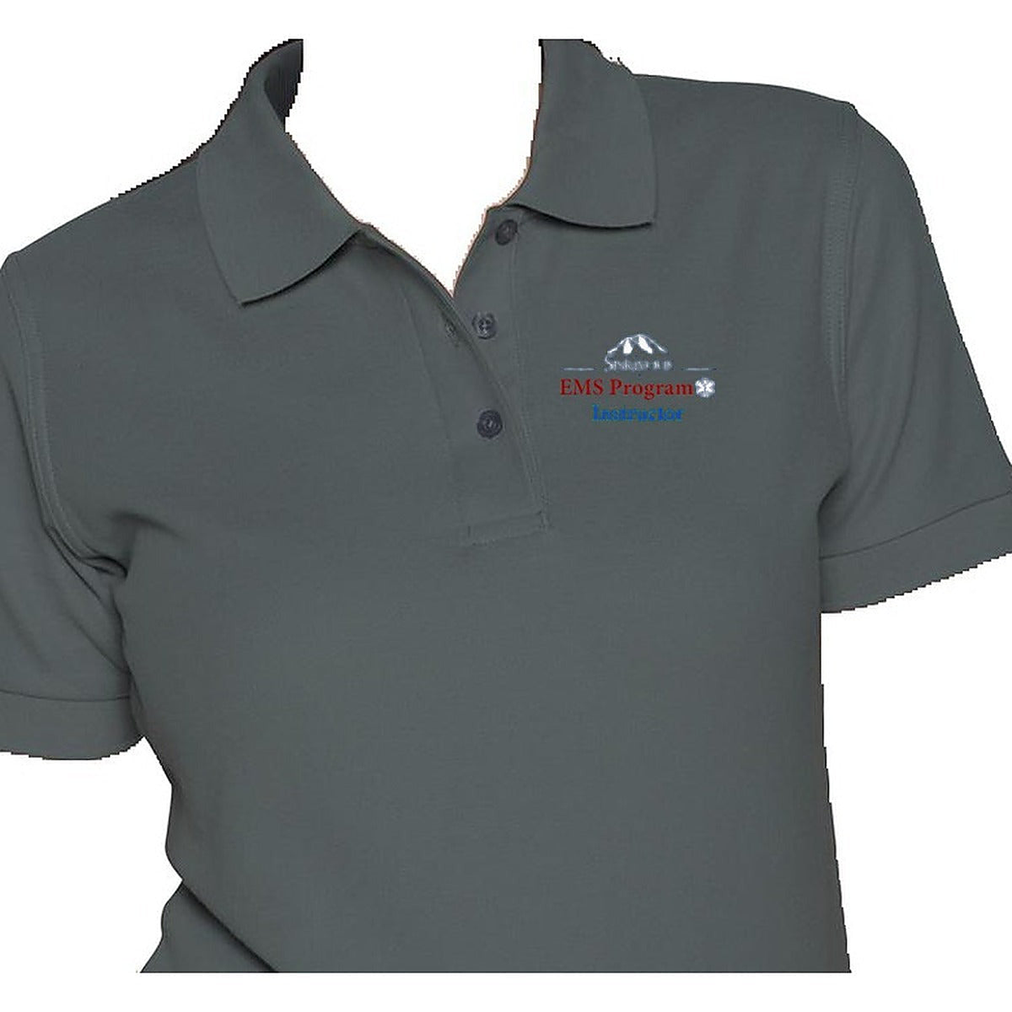 COS Womens Performance Polo - chest detail showing Siskiyous EMS Program Instructor embroidery placement