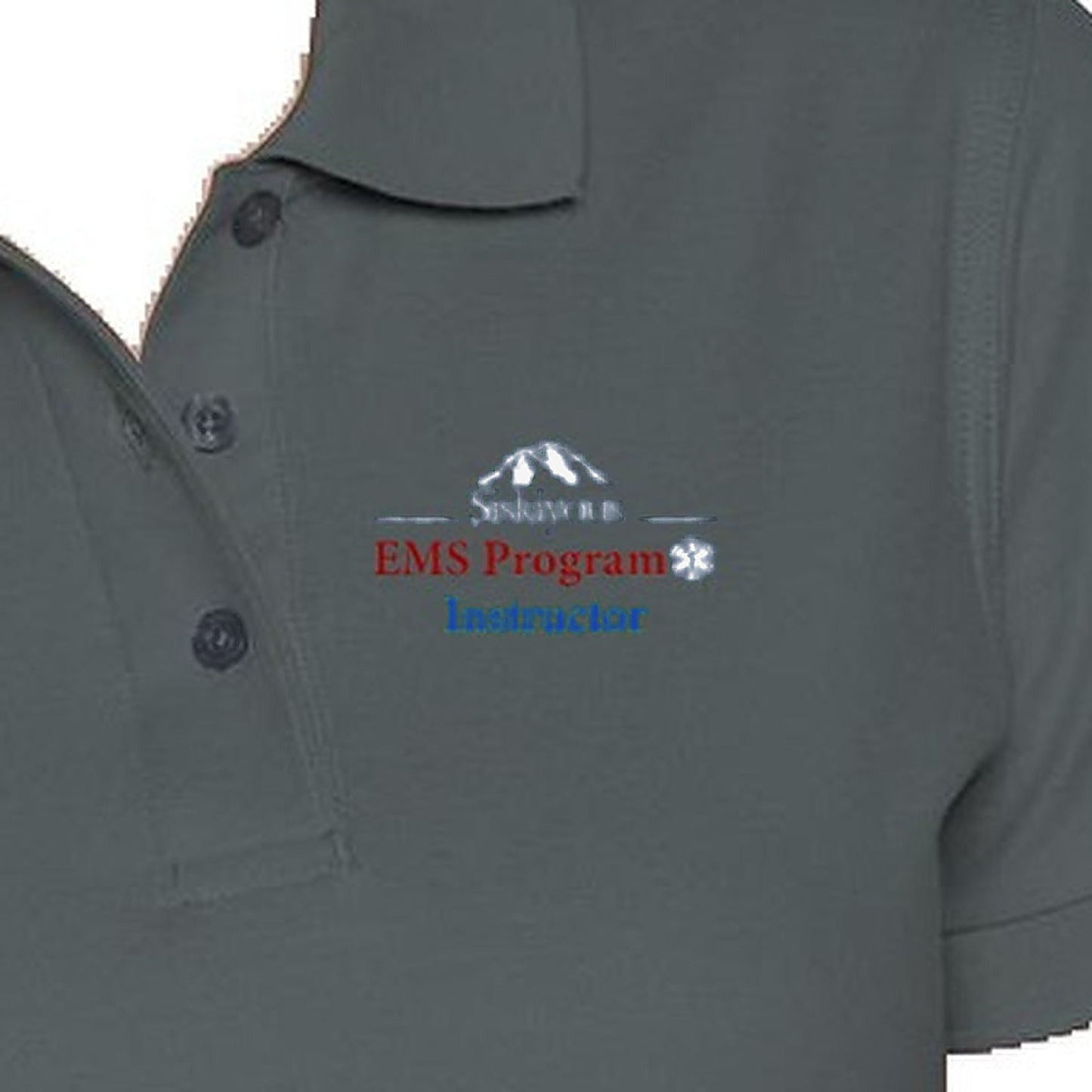 COS Womens Performance Polo - Siskiyous EMS Program Instructor embroidered logo close-up (white + red + blue)