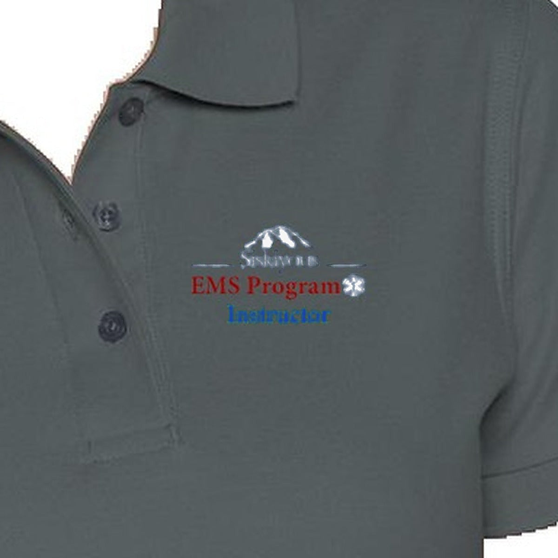 COS Womens Performance Polo - Siskiyous EMS Program Instructor embroidered logo close-up (white + red + blue)
