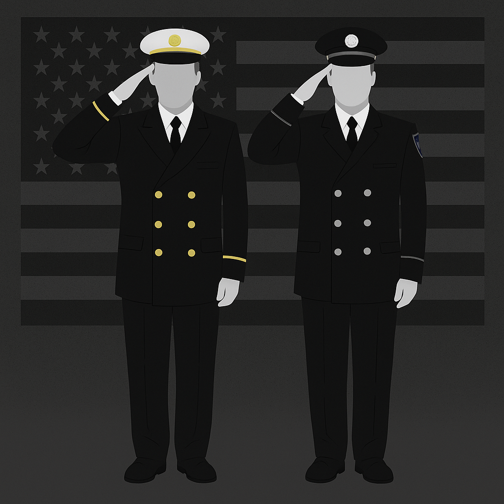 Illustration of two CAL FIRE Class A dress uniforms displayed in front of a subdued American flag background. On the left, a fire chief uniform features gold buttons, a white peaked cap, and gold sleeve trim representing chief rank. On the right, a company officer uniform is shown with silver buttons, a black cap, and a department patch on the sleeve. Both figures stand at attention in a formal salute, symbolizing professionalism, service, and respect within the fire service. The image highlights quality.