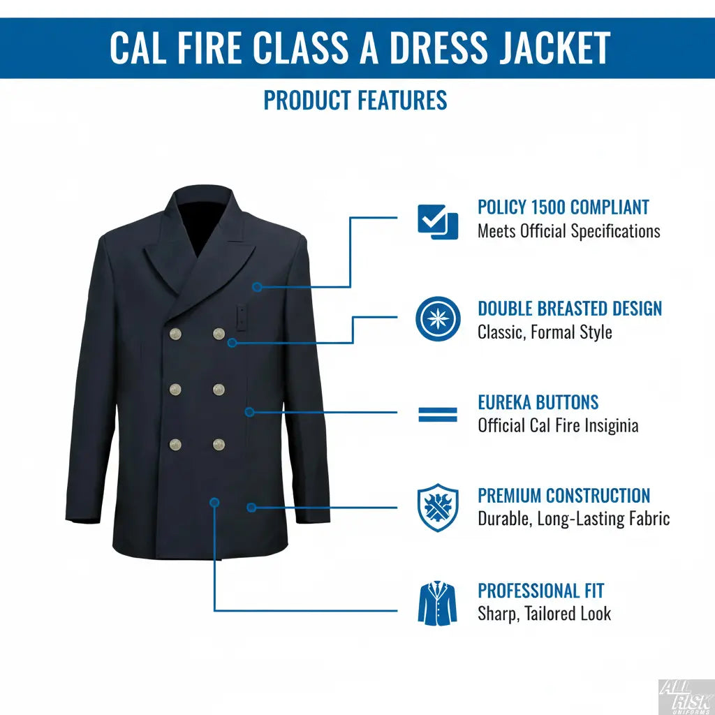 CAL FIRE Class A dress jacket features infographic - Policy 1500 compliant, double breasted, Eureka buttons, actual product