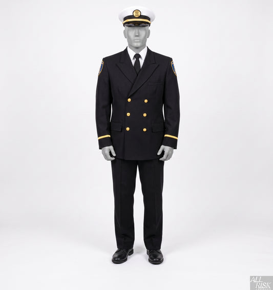 CAL FIRE Class A uniform — gold-brass officer version illustration: black double-breasted dress jacket with gold buttons and gold shoulder rockers, white peaked dress cap with gold hat-device, gold dress sleeve braid, black trousers, black tie, white shirt, white parade gloves.
