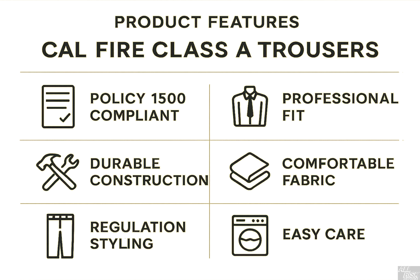 CAL FIRE Class A trousers sizing guide with waist and inseam measurements for proper fit