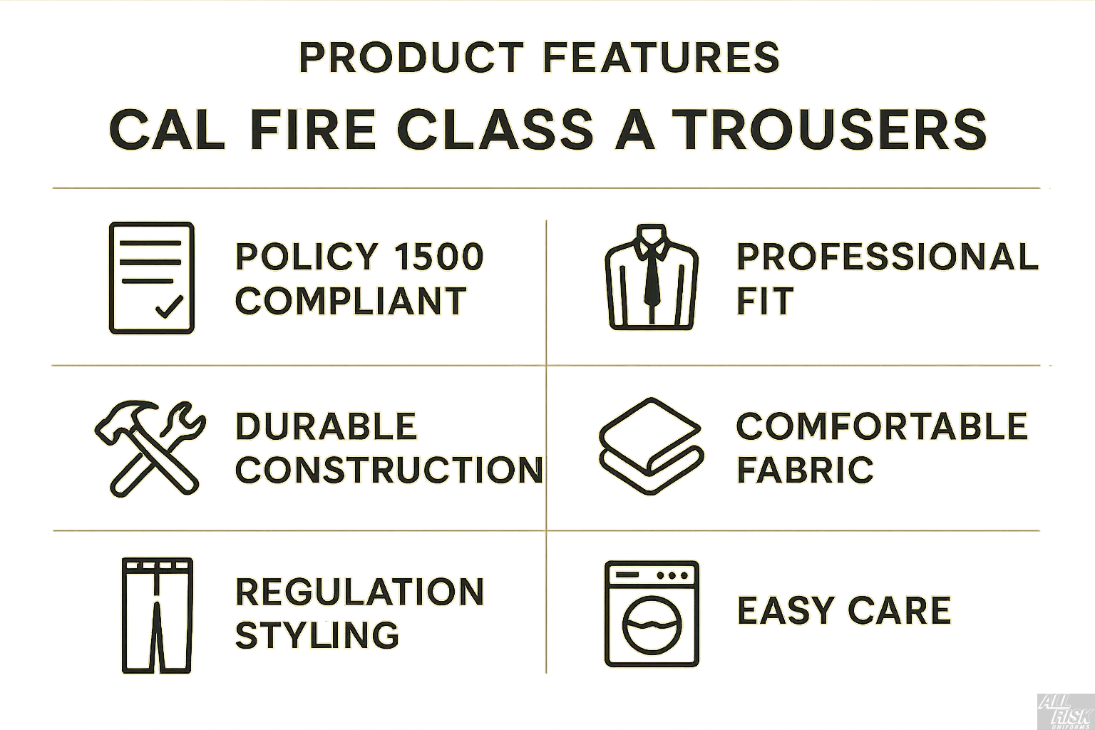 CAL FIRE Class A trousers sizing guide with waist and inseam measurements for proper fit