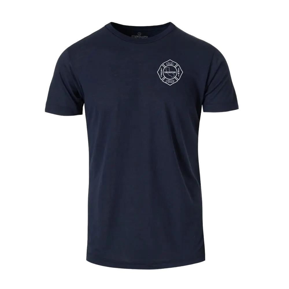 DFND-brand CAL FIRE men's athletic-cut short-sleeve duty t-shirt in navy — front view with the white maltese-cross firefighter shield (CAL FIRE / FIREFIGHTERS LOCAL 2881 / California state outline) on the left chest. DFND label visible at the inside neck.