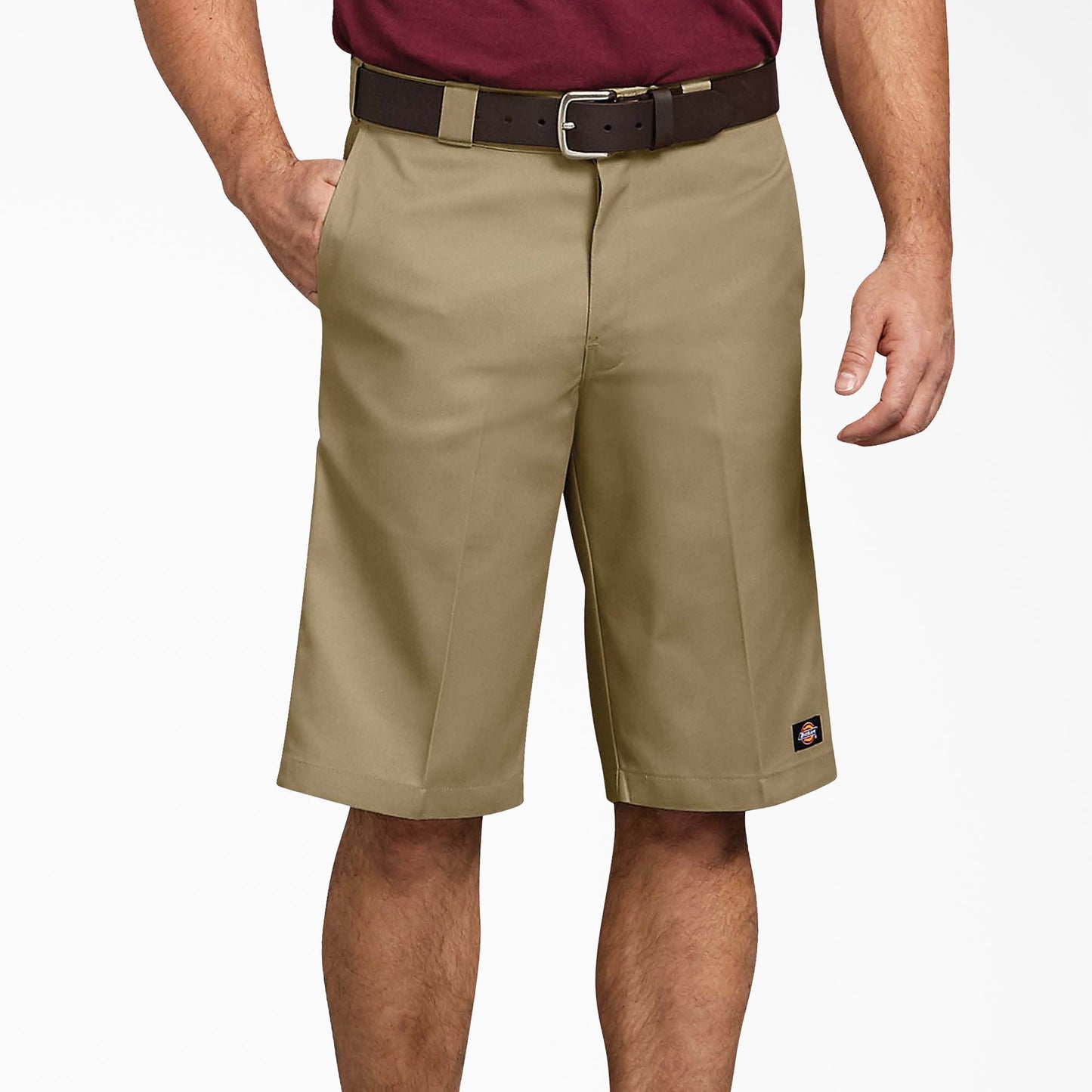 Front close-up of Dickies Khaki work shorts showing the flat front, belt loops, and slash hand pockets