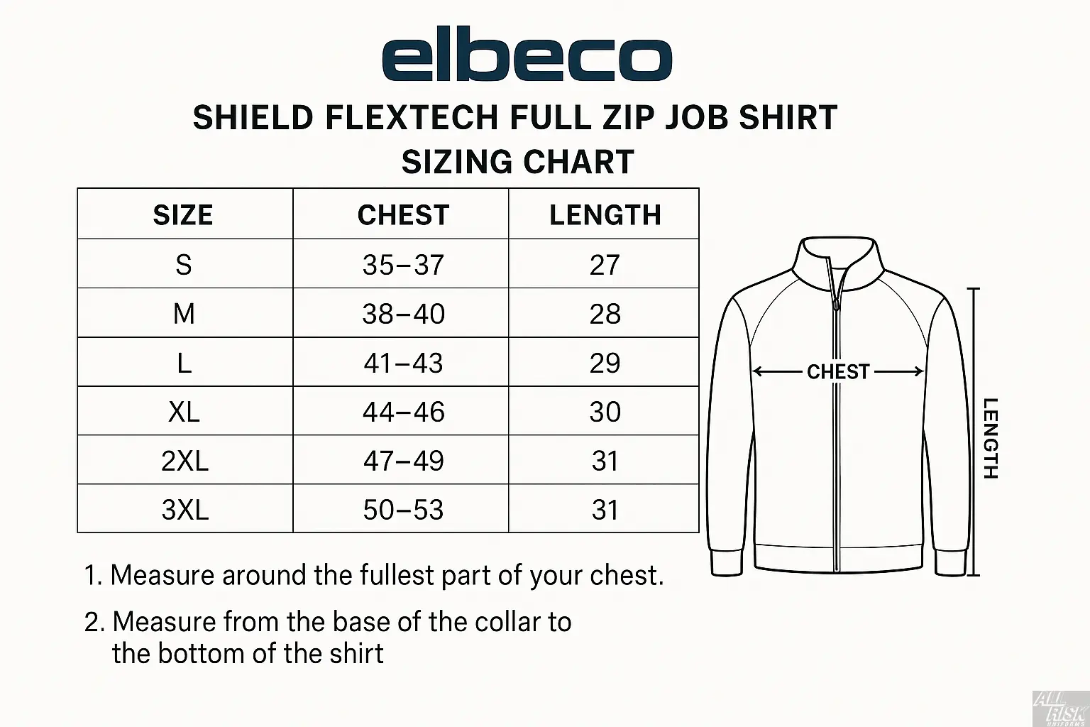 Elbeco Shield FlexTech Full Zip Size Chart