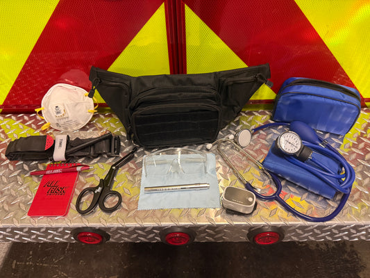 EMS  supplies stethoscope, blood pressure cuff, trauma shears, N95, KN95, Tourniquet, pulse ox, pulse oximeter, pen light, fanny pack, student, safety glasses